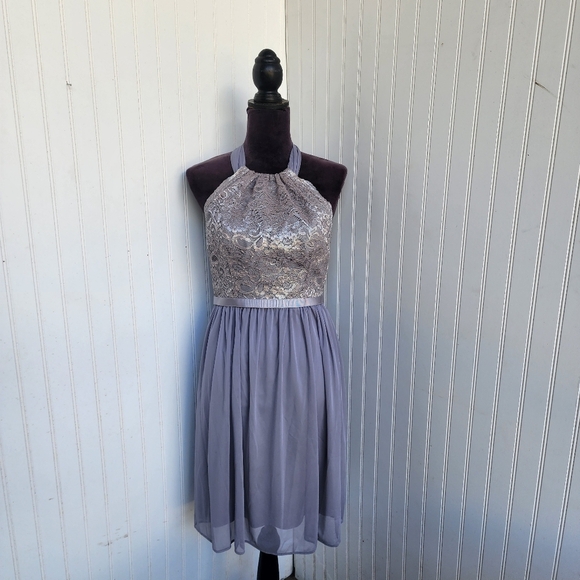 DAVIDS BRIDAL Silver Gray Bridesmaid Halter Tie Strapless Dress Nylon Mesh Sz 4 - Picture 1 of 14